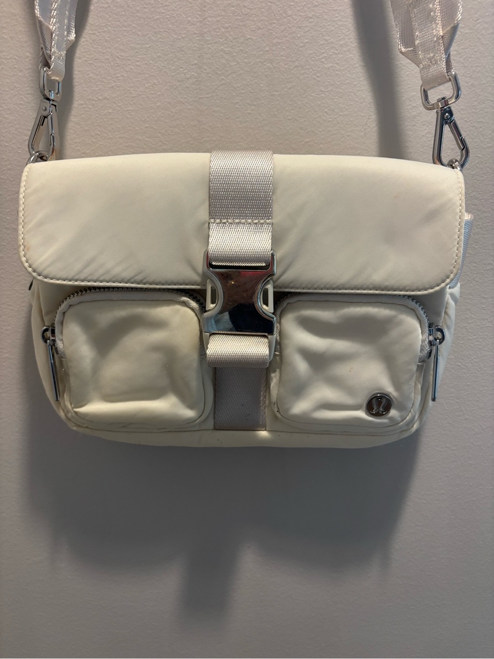 lululemon athletica Cream Quilted Shoulder Crossbody Bag with Silver Hardware